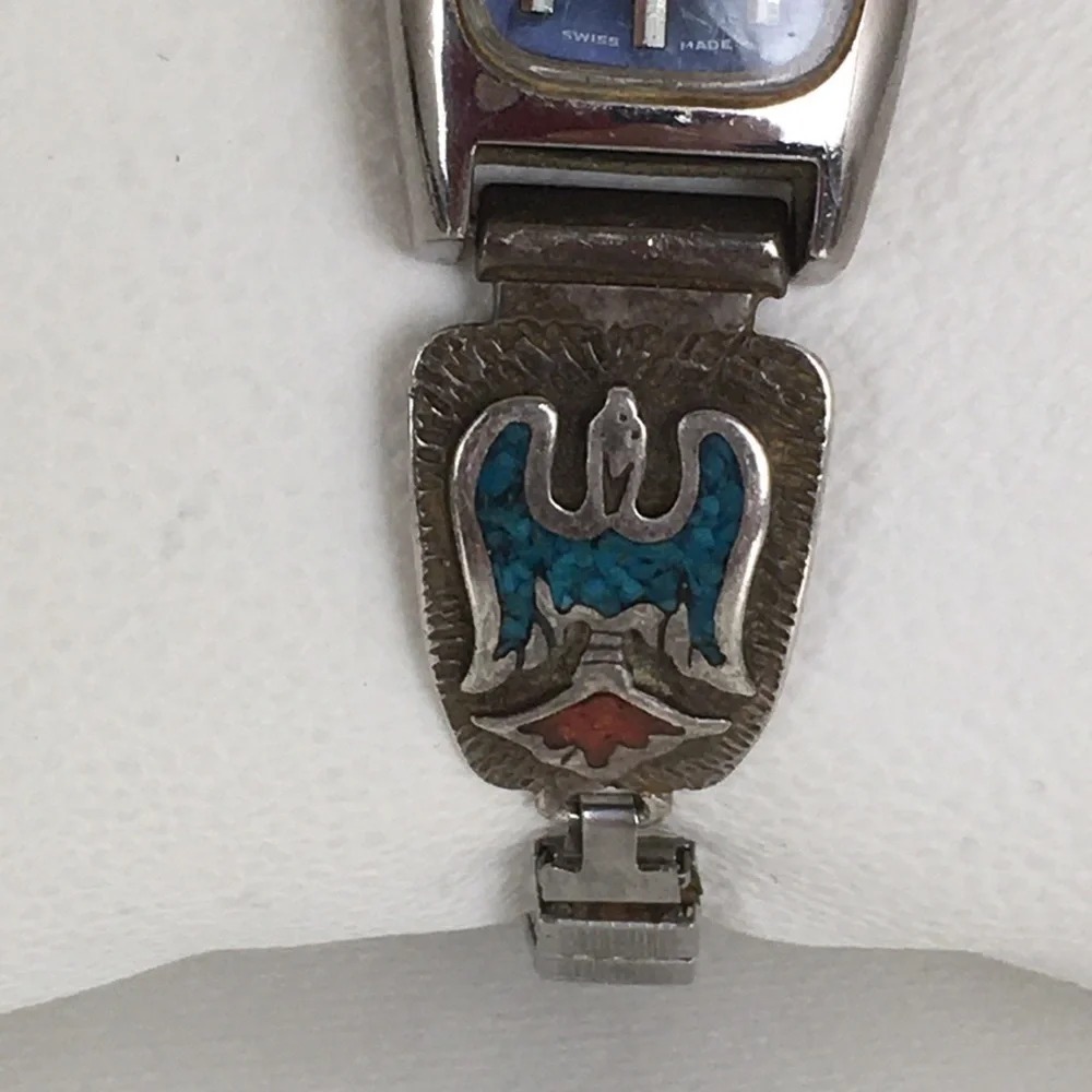 Vintage Navajo Native American Watch Sterling Silver Turquoise Coral Thunderbird